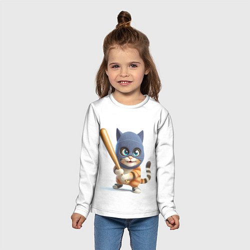 Детский лонгслив Прикольный котёнок с бейсбольной битой и в балакла / 3D-принт – фото 5