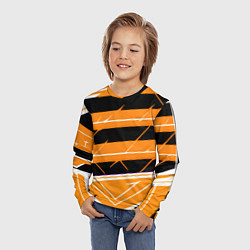 Лонгслив детский Чёрно-белые полосы на оранжевом фоне, цвет: 3D-принт — фото 2