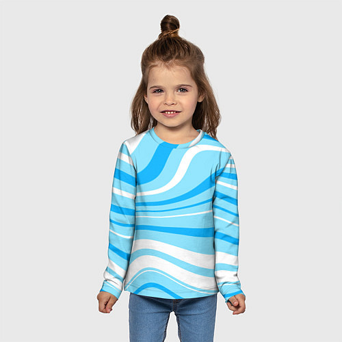 Детский лонгслив Бело-голубой волистые линии / 3D-принт – фото 5