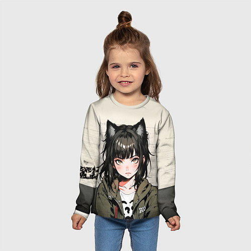 Детский лонгслив Девушка-кошка в болотной толстовке / 3D-принт – фото 5