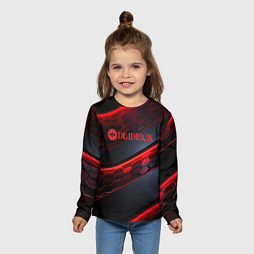 Детский лонгслив Deadlock logo красные соты и неон / 3D-принт – фото 5