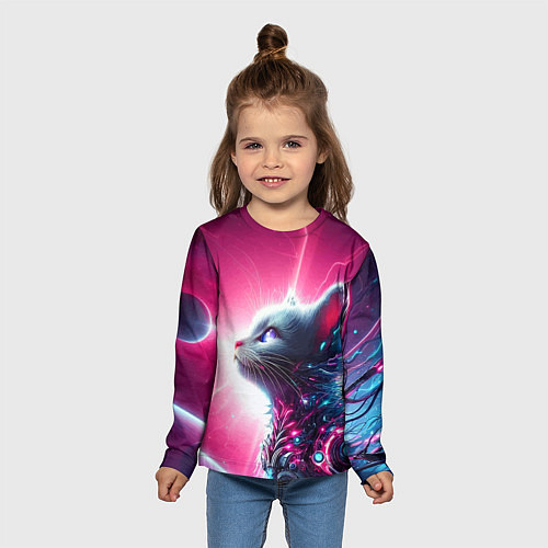 Детский лонгслив Космический кибер котёнок - неоновое свечение / 3D-принт – фото 5