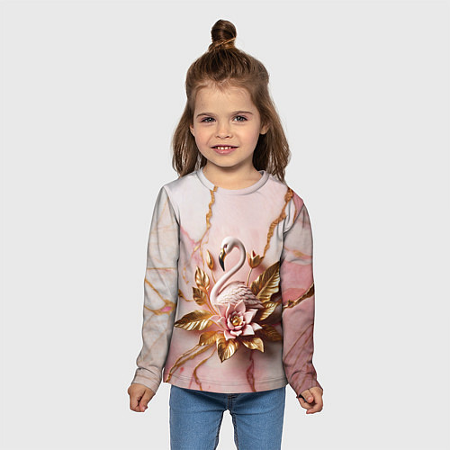 Детский лонгслив Розовый фламинго и лотос из мрамора и золота / 3D-принт – фото 5