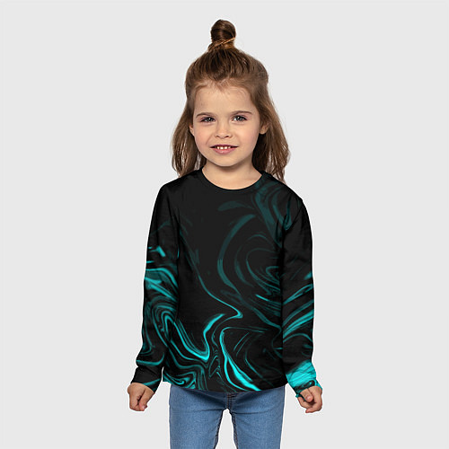 Детский лонгслив Чёрный с бирюзовыми разводами абстракция / 3D-принт – фото 5