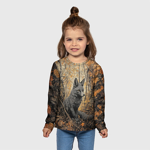 Детский лонгслив Серый лис в осенней чаще / 3D-принт – фото 5