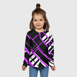 Лонгслив детский Фиолетово-белые линии на чёрном фоне, цвет: 3D-принт — фото 2