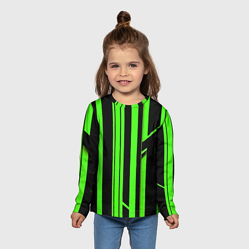 Детский лонгслив Толстые зелёные полосы на чёрном фоне / 3D-принт – фото 5
