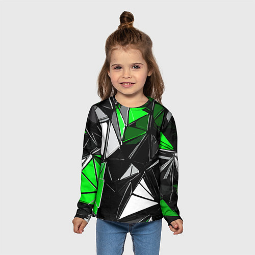 Детский лонгслив Зелёно-белые рельефные треугольники на чёрном фоне / 3D-принт – фото 5
