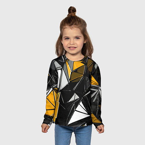 Детский лонгслив Жёлто-белые рельефные треугольники на чёрном фоне / 3D-принт – фото 5