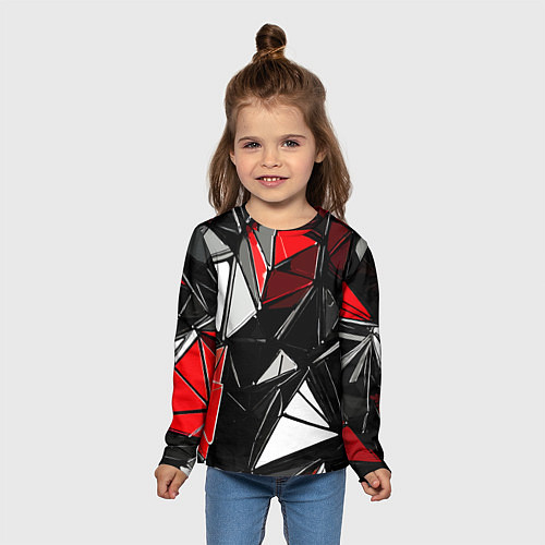 Детский лонгслив Красно-белые рельефные треугольники на чёрном фоне / 3D-принт – фото 5