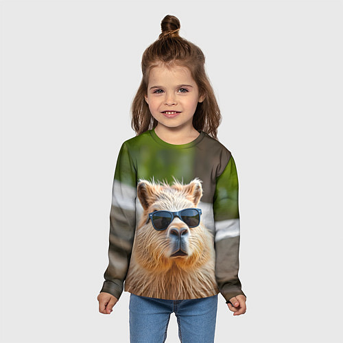 Детский лонгслив Модная капибара в темных очках / 3D-принт – фото 5