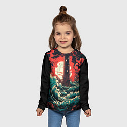 Лонгслив детский Маяк и волны в японском стиле, цвет: 3D-принт — фото 2