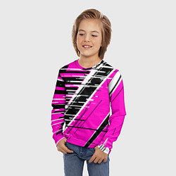 Лонгслив детский Чёрно-белые глитч полосы на розовом фоне, цвет: 3D-принт — фото 2