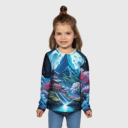 Детский лонгслив Пейзаж Японии и горы / 3D-принт – фото 5