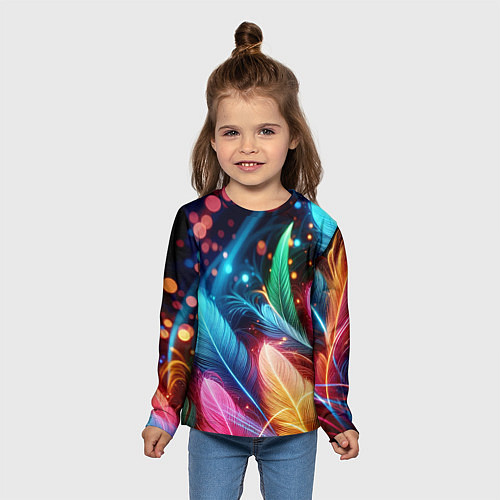 Детский лонгслив Яркие красочные неоновые перья / 3D-принт – фото 5