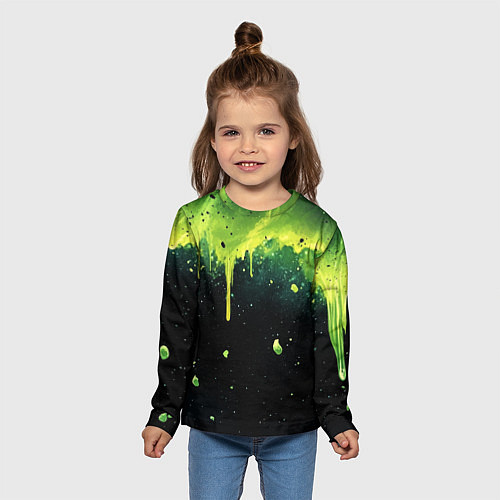 Детский лонгслив Зеленая стекающая краска по черному фону / 3D-принт – фото 5