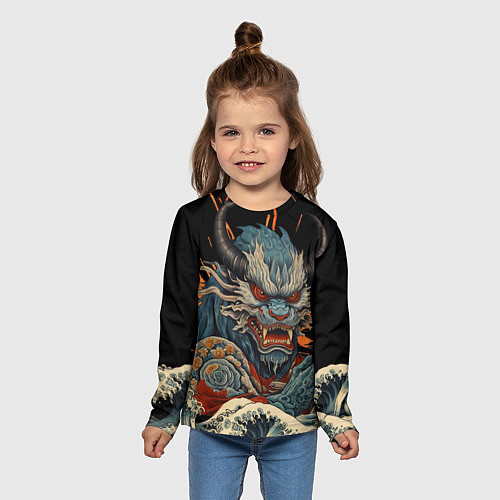 Детский лонгслив Японский дракон и волны в стиле тату ирезуми / 3D-принт – фото 5