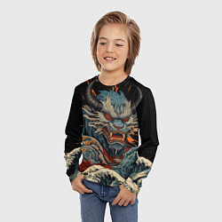 Лонгслив детский Японский дракон и волны в стиле тату ирезуми, цвет: 3D-принт — фото 2