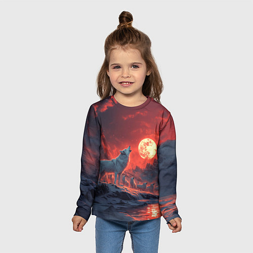 Детский лонгслив Белый волк воет на луну / 3D-принт – фото 5