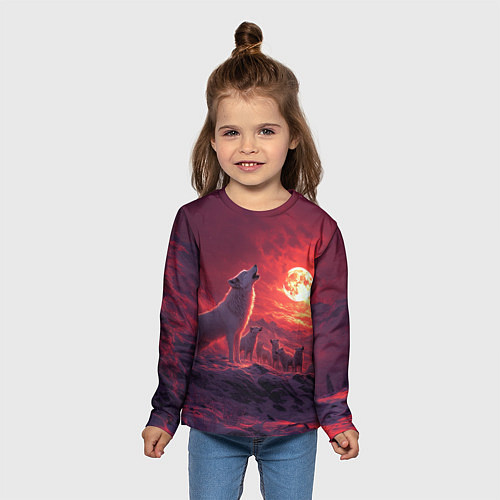 Детский лонгслив Белый волк воет на луну / 3D-принт – фото 5