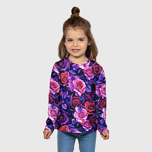 Детский лонгслив Разноцветные цветы - синие розы паттерн / 3D-принт – фото 5