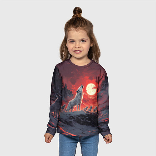 Детский лонгслив Волк воет на красную луну / 3D-принт – фото 5