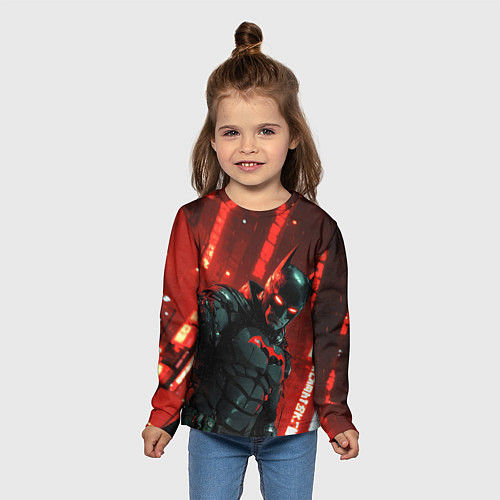 Детский лонгслив Черный Бэтмен на фоне красного города / 3D-принт – фото 5