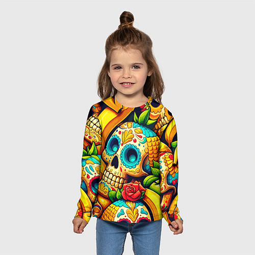 Детский лонгслив Colorfull skulls and bananas - pop art pattern / 3D-принт – фото 5