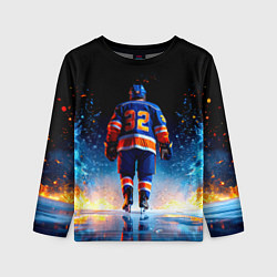 Лонгслив детский Хоккеист в синем пламени, цвет: 3D-принт