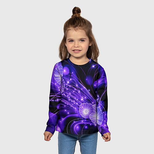 Детский лонгслив Силуэты цветов на темном фоне - фиолетовое свечени / 3D-принт – фото 5