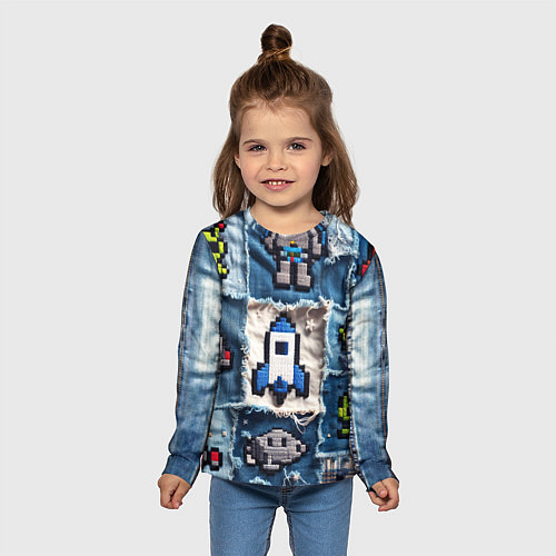 Детский лонгслив Космический пиксельный корабль / 3D-принт – фото 5