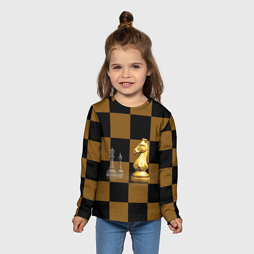 Детский лонгслив Шахматные фигуры на коричнево-черной доске / 3D-принт – фото 5