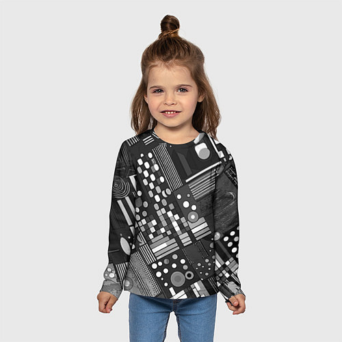 Детский лонгслив Тёмный серый абстракция квадраты кружочки / 3D-принт – фото 5