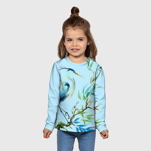 Детский лонгслив Акварельная цапля у пруда / 3D-принт – фото 5