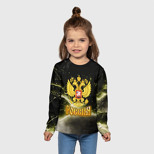 Детский лонгслив Россия - герб на черно-зеленом фоне / 3D-принт – фото 5