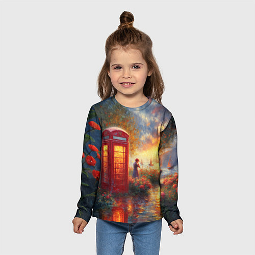 Детский лонгслив Пейзаж с красной телефонной будкой / 3D-принт – фото 5