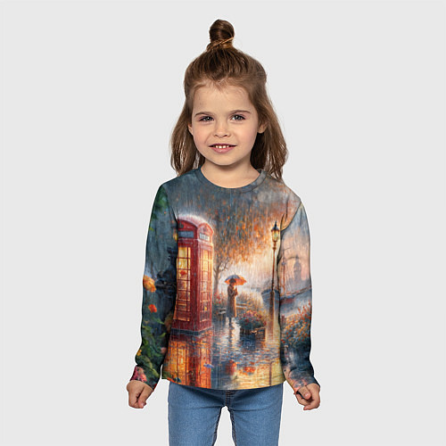 Детский лонгслив Красная телефонная будка на набережной / 3D-принт – фото 5