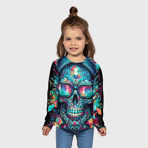 Детский лонгслив Кибер череп в балахоне и очках - нейроарт фантазия / 3D-принт – фото 5