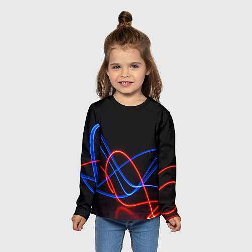 Детский лонгслив Красно синие неоновые линии на черном фоне / 3D-принт – фото 5