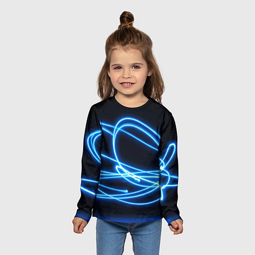 Детский лонгслив Неоновые голубые волны на черном фоне / 3D-принт – фото 5