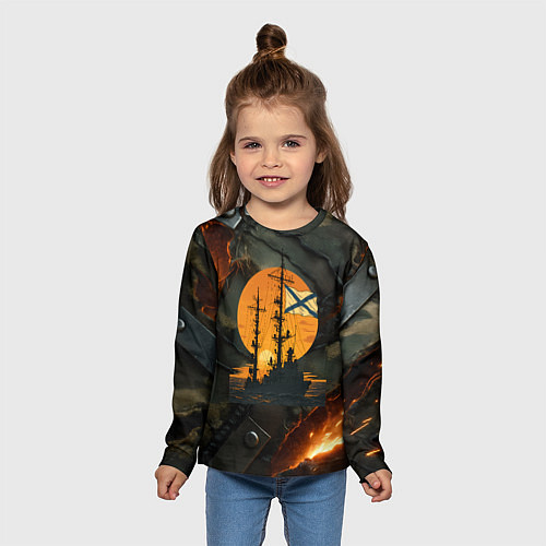 Детский лонгслив Корабль ВМФ на фоне камуфляжа / 3D-принт – фото 5