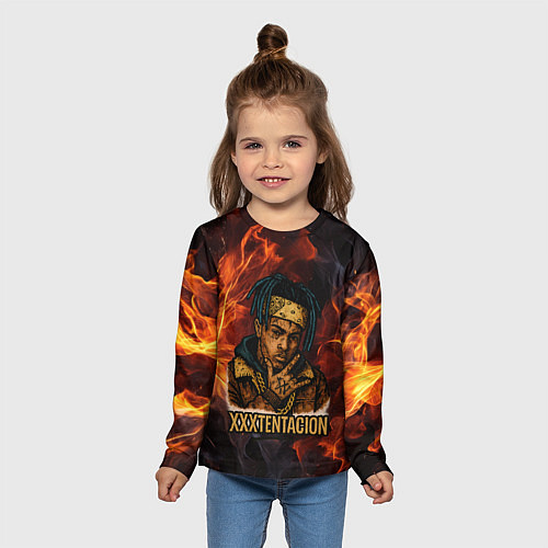 Детский лонгслив XXXTentacion на фоне огня / 3D-принт – фото 5