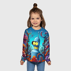 Лонгслив детский Робот-сгибальщик Бендер среди монстров - нейроарт, цвет: 3D-принт — фото 2