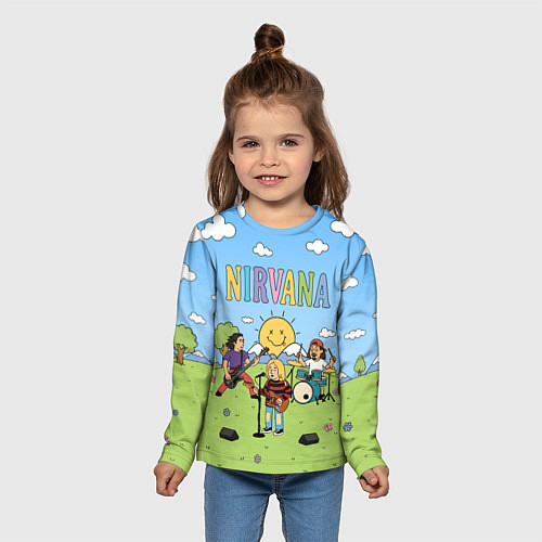 Детский лонгслив Nirvana мультяшный стиль на поляне / 3D-принт – фото 5