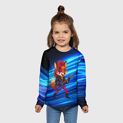 Лонгслив детский Лиса в косухе и гитарой - рок звезда, цвет: 3D-принт — фото 2