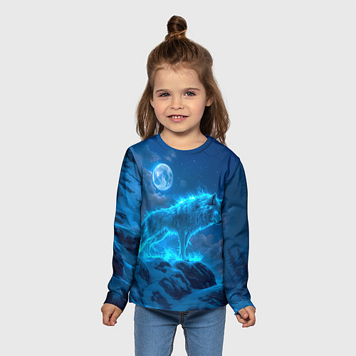 Детский лонгслив Волк на фоне зимнего пейзажа / 3D-принт – фото 5