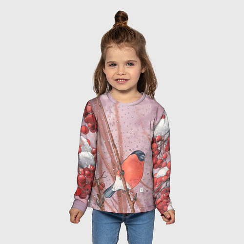 Детский лонгслив Акварельный снегирь в рябине / 3D-принт – фото 5