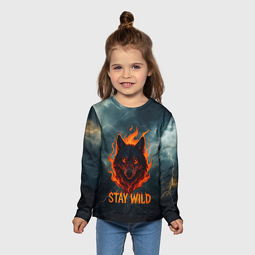 Детский лонгслив Stay wild волк в огне / 3D-принт – фото 5