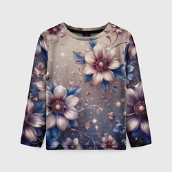 Лонгслив детский Сине-бежевый дымчатый с цветами, цвет: 3D-принт