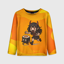 Лонгслив детский Девочка дьявол бежит за роллом, цвет: 3D-принт